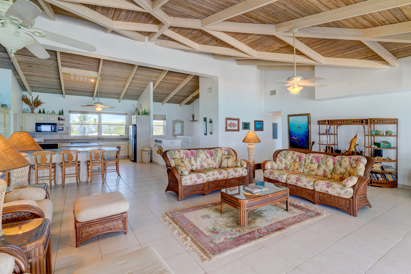 The livingroom at The Family Beach House on San Salvador